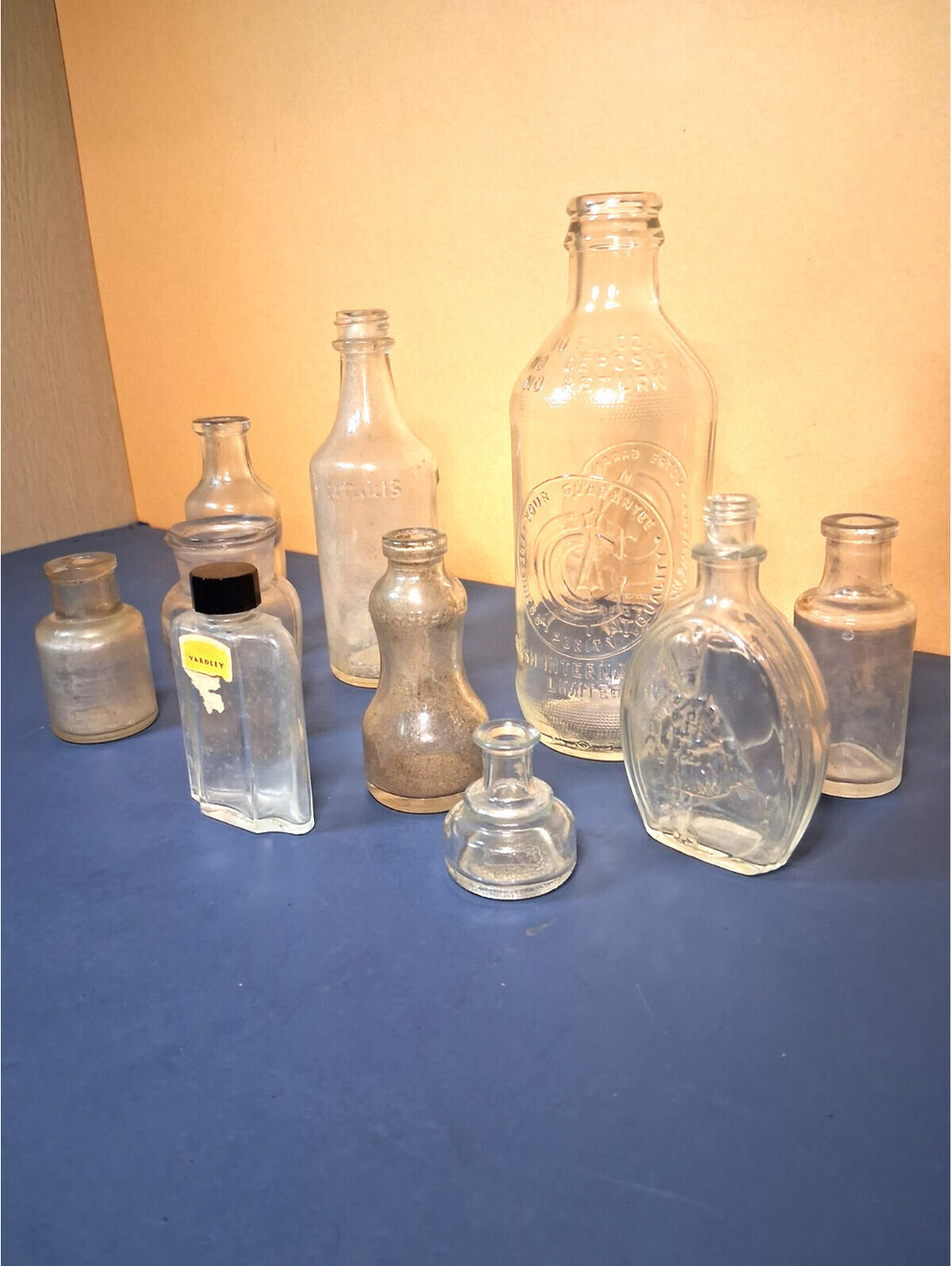 Vintage/Antique Collection Of 10 Embossed Product Bottles, LePage, Crush etc